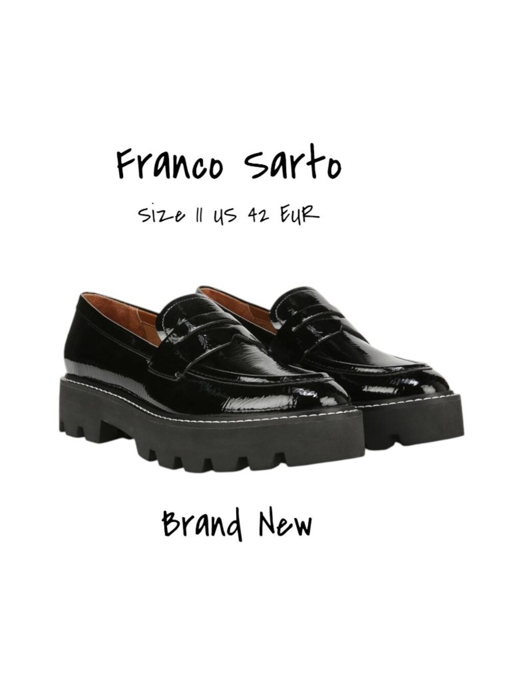 Franco Sarto Black Patent Leather Lug Sole Loafers Women's Size 11 US 42 EUR New